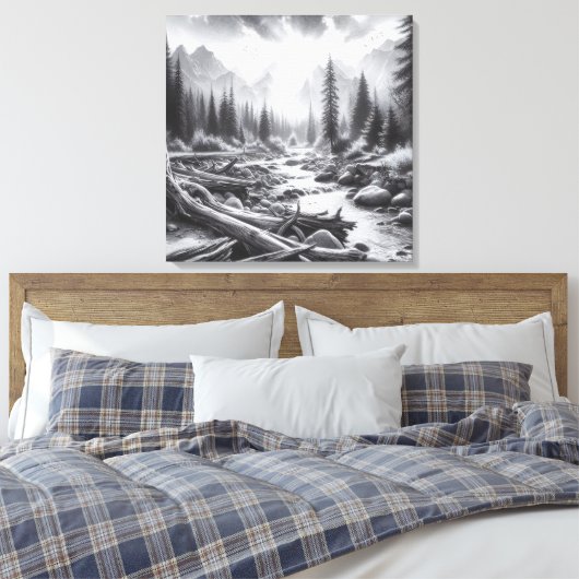 De dageraad breekt uit over de met dennen bedekte  canvas afdruk (Insitu (Slaapkamer))