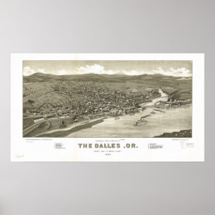De Dalles Oregon 1884 Antiek panoramische kaart Poster