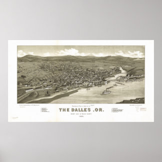 De Dalles Oregon 1884 Antiek panoramische kaart Poster