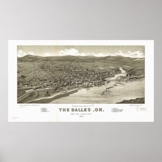 De Dalles Oregon 1884 Antiek panoramische kaart Poster (Voorkant)