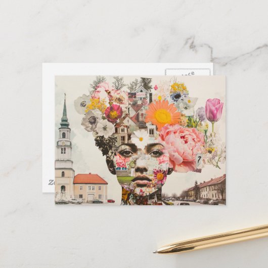 De Dame Collage Bloemen en Gebouwen Briefkaart (Voorkant / Achterkant in situ)