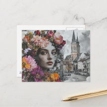 De Dame Collage Met Bloemen en Gebouwen