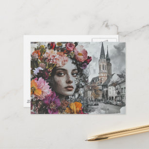 De Dame Collage Met Bloemen en Gebouwen Briefkaart