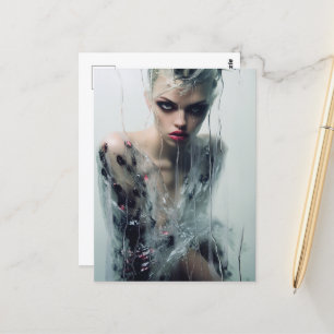 De dame doorzichtige plastic jurk achter een regen briefkaart