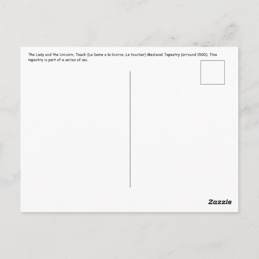 De Dame en de Eenhoorn, Tasten Briefkaart (Achterkant)