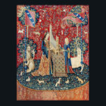 De Dame en de Unicorn, Hoorzitting Poster<br><div class="desc">The Lady en the Unicorn, Hearing (La Dame a la licorne, L'ouie) Medieval Tapestry (rond 1500). Deze tapijt maakt deel uit van een serie van zes. Elke tapijt is voorzien van een middeleeuwse dame in verschillende houdingen. Elke scène toont een van de vijf zintuigen, evenals een zesde scène genaamd Mon...</div>