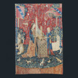 De Dame en de Unicorn, Hoorzitting Theedoek<br><div class="desc">The Lady en the Unicorn, Hearing (La Dame a la licorne, L'ouie) Medieval Tapestry (rond 1500). Deze tapijt maakt deel uit van een serie van zes. Elke tapijt is voorzien van een middeleeuwse dame in verschillende houdingen. Elke scène toont een van de vijf zintuigen, evenals een zesde scène genaamd Mon...</div>