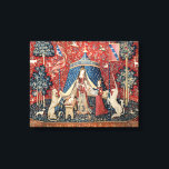 De Dame en de Unicorn, naar mijn enige wens Canvas Afdruk<br><div class="desc">De dame en de Unicorn, naar mijn enige wens (La Dame a la licorne, A mon seul desir) middeleeuws tapijt (rond 1500). Deze tapijt maakt deel uit van een serie van zes. Elke tapijt is voorzien van een middeleeuwse dame in verschillende houdingen. Elke scène toont een van de vijf zintuigen,...</div>