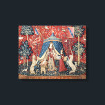 De Dame en de Unicorn, naar mijn enige wens Canvas Afdruk<br><div class="desc">De dame en de Unicorn, naar mijn enige wens (La Dame a la licorne, A mon seul desir) middeleeuws tapijt (rond 1500). Deze tapijt maakt deel uit van een serie van zes. Elke tapijt is voorzien van een middeleeuwse dame in verschillende houdingen. Elke scène toont een van de vijf zintuigen,...</div>