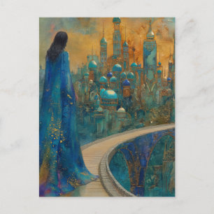 De dame in de stad gekleed in elegant blauw briefkaart