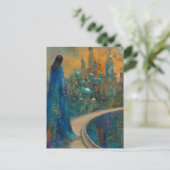 De dame in de stad gekleed in elegant blauw briefkaart (Staand voorkant)