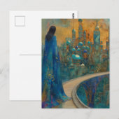 De dame in de stad gekleed in elegant blauw briefkaart (Voorkant / Achterkant)