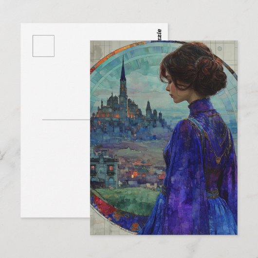 De dame in de stad gekleed in elegant blauw briefkaart (Voorkant / Achterkant)