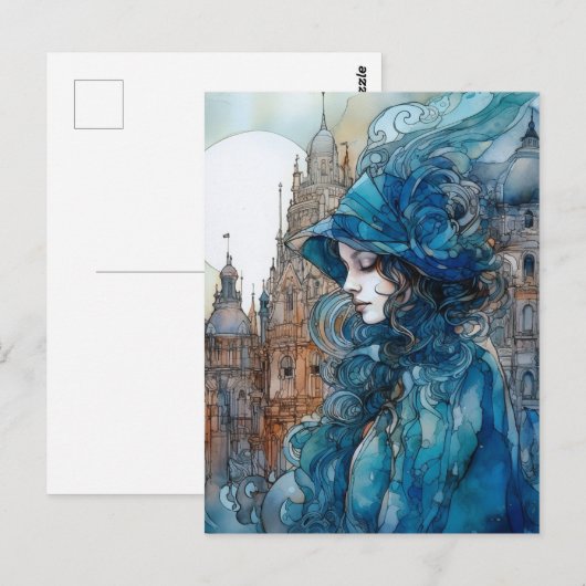 De dame in de stad gekleed in het blauw briefkaart (Voorkant / Achterkant)