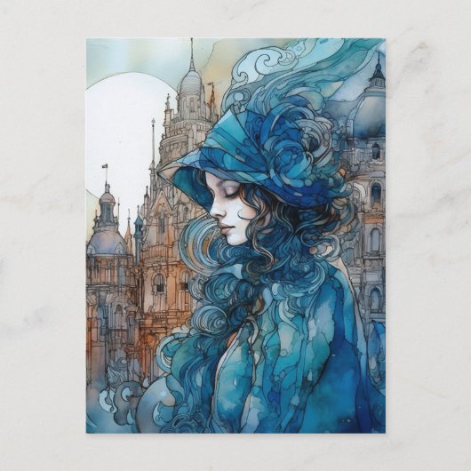 De dame in de stad gekleed in het blauw briefkaart (Voorkant)