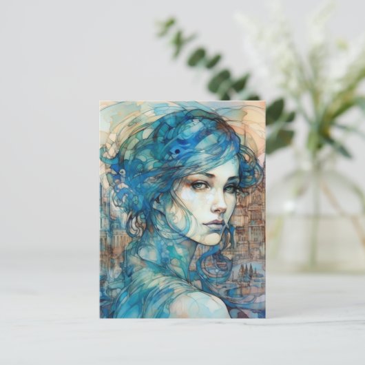 De dame in de stad met blauw haar briefkaart (Staand voorkant)