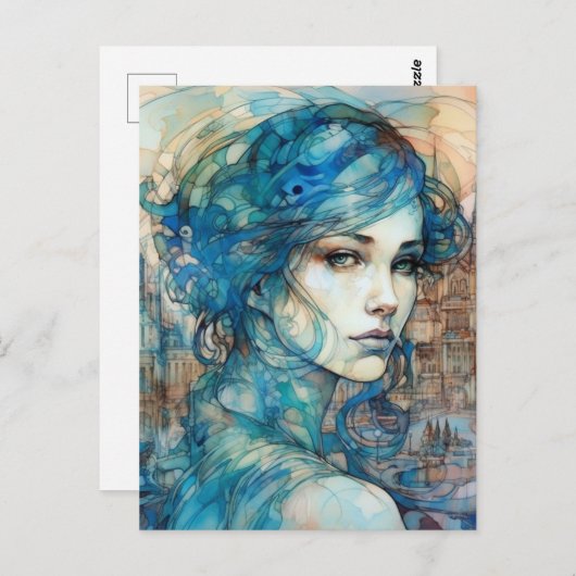 De dame in de stad met blauw haar briefkaart (Voorkant / Achterkant)