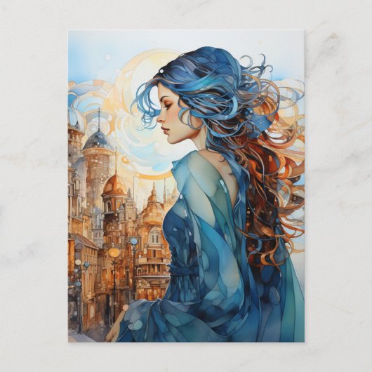De dame in de stad met blauw haar briefkaart (Voorkant)
