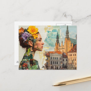 De dame in een stads collage bloemen en gebouwen briefkaart