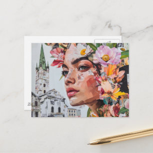 De dame in een stads collage bloemen kikkers vogel briefkaart