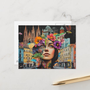 De dame in een stads collage bloemen kikkers vogel briefkaart