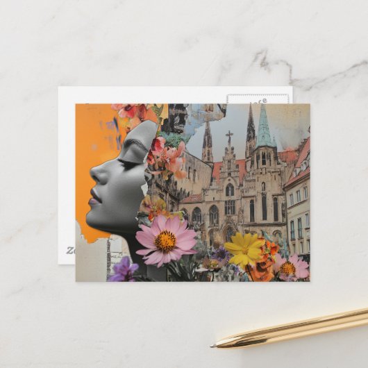 De dame in een stads collage briefkaart (Voorkant / Achterkant in situ)