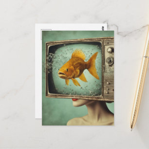De dame met een goudvis tv-hoofd fantasie briefkaart