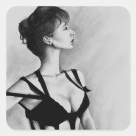 De dame sexy vrouw zwarte jurk portret kunst vierkante sticker