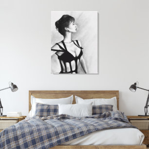 De Dame Vrouw Portret Zwarte Jurk Tekening Kunst Canvas Afdruk