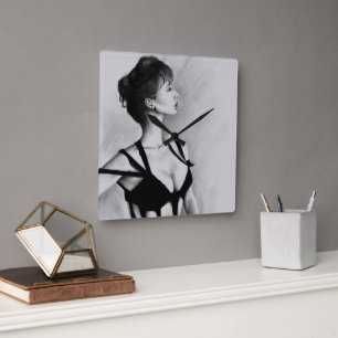 De Dame Woman Portret Black Dress Drawing Art Vierkante Klok