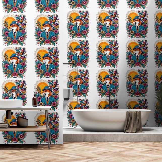 De Dapper Vos en kleurrijke bloemen Behang (Badkamer)