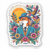 De Dapper Vos en kleurrijke bloemen Sticker (Voorkant)