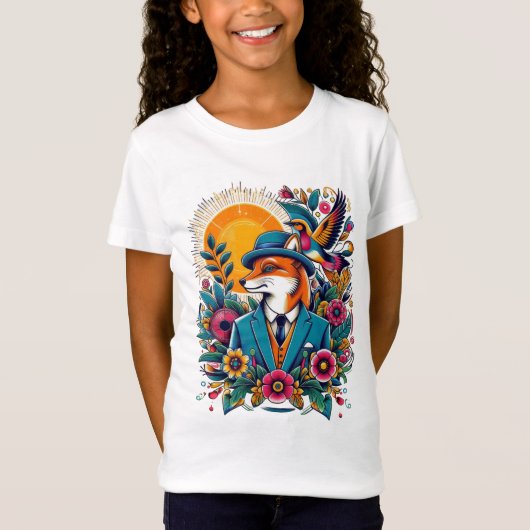 De Dapper Vos en kleurrijke bloemen T-shirt (Voorkant)
