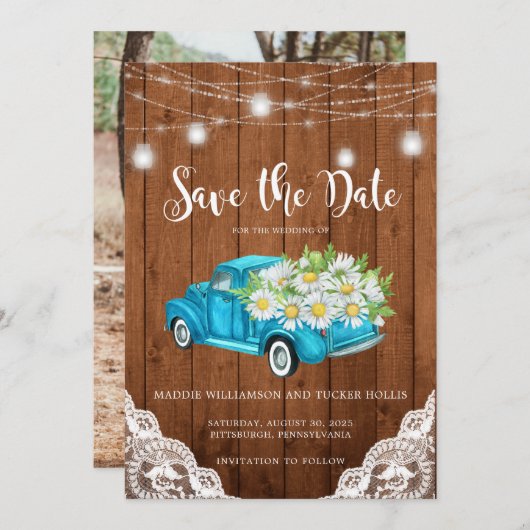 De datum Mason Jar Lights Wood Foto opslaan Save The Date (Voorkant / Achterkant)