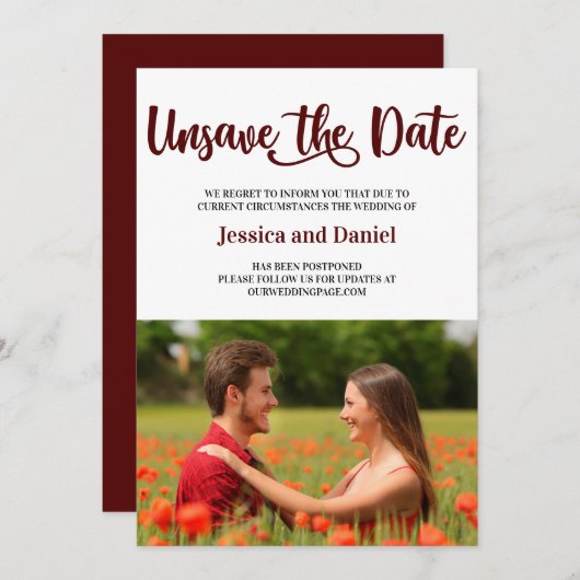 De datum met de Photo Postpone Weddencard verwijde Save The Date (Voorkant / Achterkant)