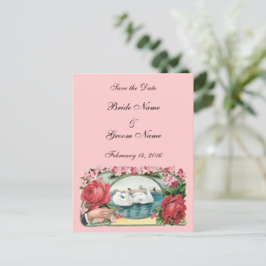 De datum opslaan Aangepaste Rozen en zwanen Briefk Aankondigingskaart (Staand voorkant)