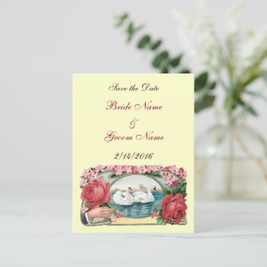 De datum opslaan Aangepaste Rozen en zwanen Briefk Aankondigingskaart (Staand voorkant)