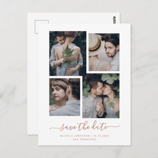 De datum opslaan | Faux Roos Gold Vier Photo Colla Briefkaart (Voorkant / Achterkant)