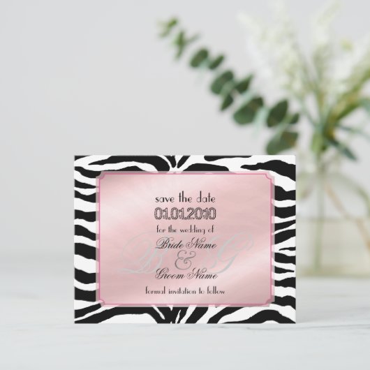 De datum opslaan, zebra + monogram aankondigingskaart (Staand voorkant)