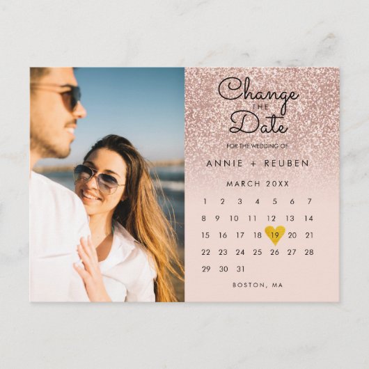 De datum Roos Gold Glitter Photo wijzigen Briefkaart (Voorkant)