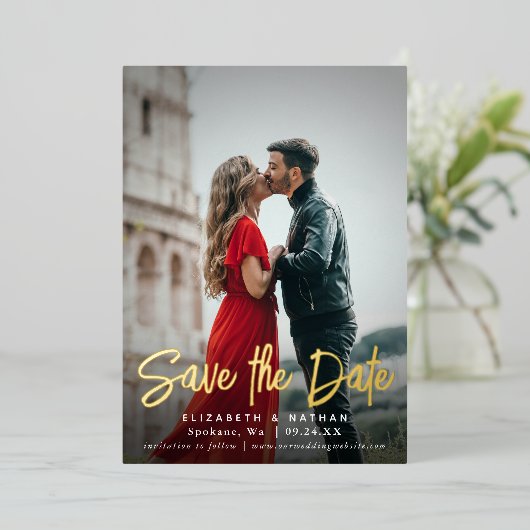 De datum stijlvolle foto opslaan folie uitnodiging (Staand Voorkant)
