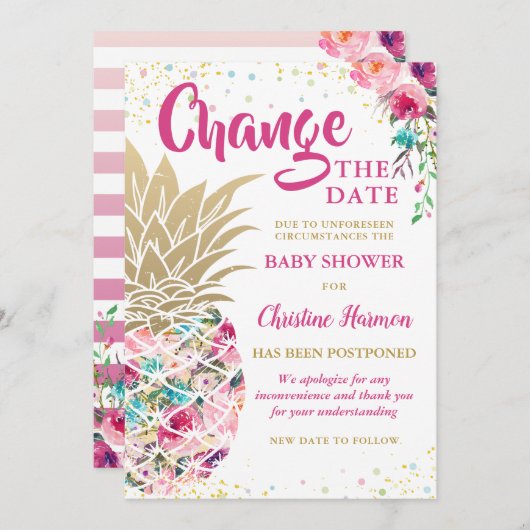 De datum van het Baby shower Pink Gold Pineapple w Kaart (Voorkant / Achterkant)