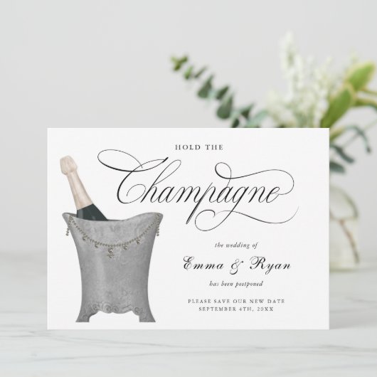 De datum van het huwelijk uitstellen, champagne va aankondiging (Staand voorkant)