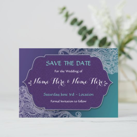 De datum waarop Henna Style Jewel Wedding uitnodig Save The Date (Staand voorkant)
