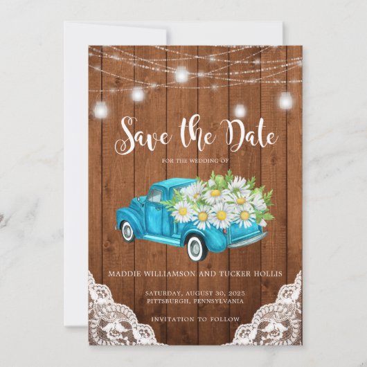 De datum waarop Mason Jar Lights Wood Lace bewaart Save The Date (Voorkant)