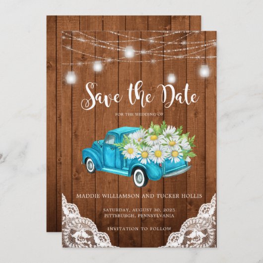De datum waarop Mason Jar Lights Wood Lace bewaart Save The Date (Voorkant / Achterkant)