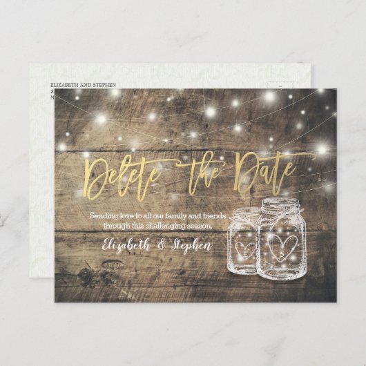 DE DATUM WEDDING POSTPONEMENT MASON JARS VERWIJDER AANKONDIGINGSKAART (Voorkant / Achterkant)