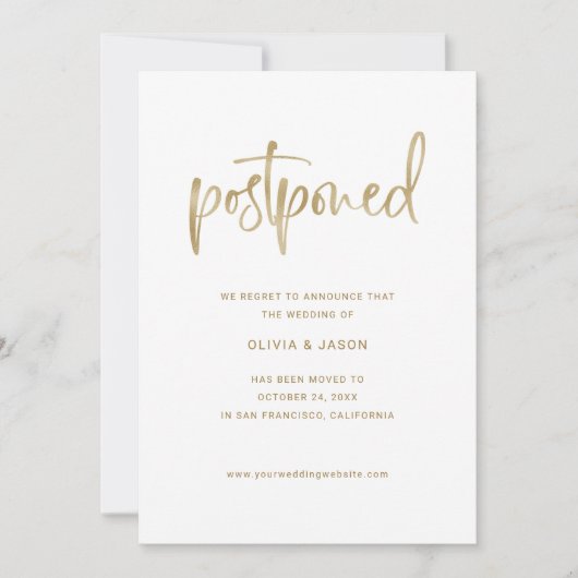 De datum wijzigen | Faux Gold Script op wit Save The Date (Voorkant)