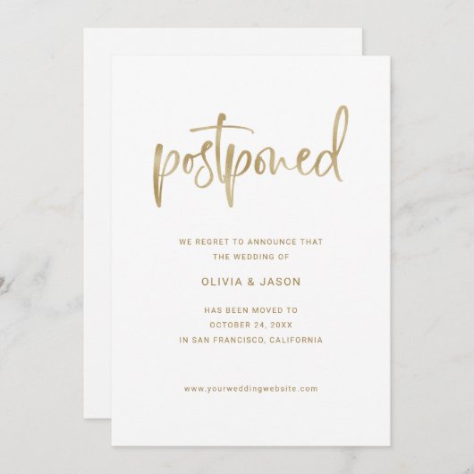 De datum wijzigen | Faux Gold Script op wit Save The Date (Voorkant / Achterkant)