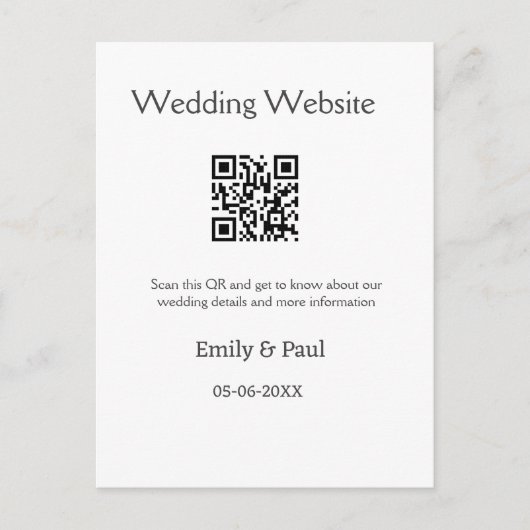 De details bruiloft website scan QR voeg paar naam Briefkaart (Voorkant)